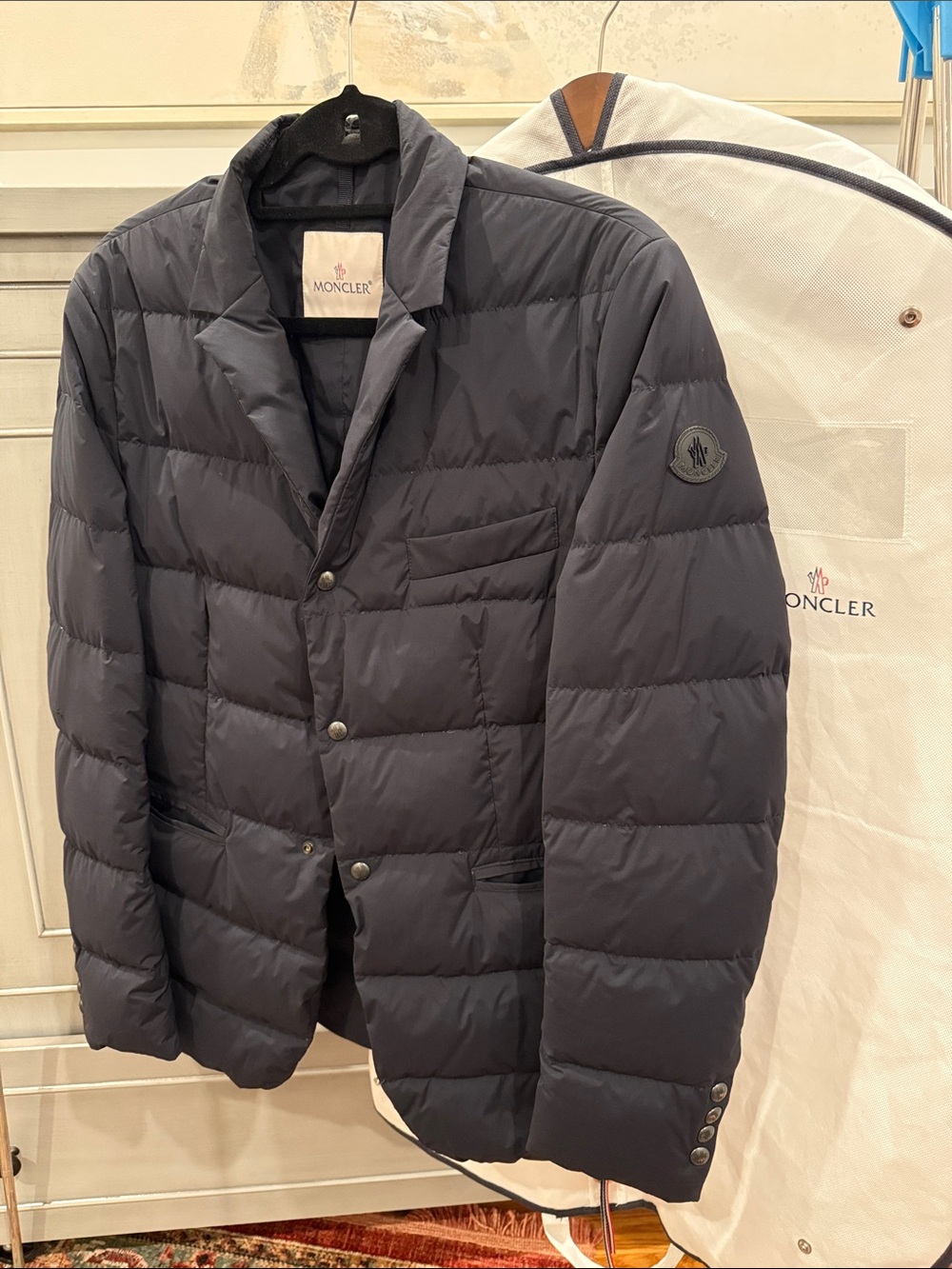 Moncler Men's Dark Navy Quilted Down Blazer-Style Puffer Jacket